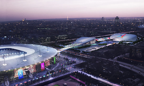 Vue du stade de France et du futur Centre aquatique olympique à Saint-Denis. © Paris 2024
