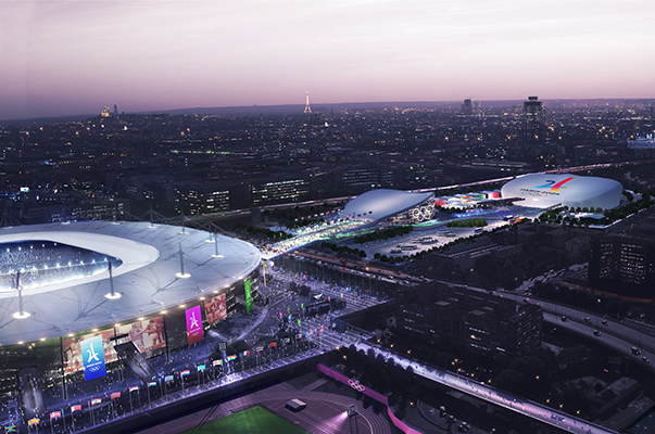 Le Centre aquatique olympique sera relié au Stade de France par un cheminement piéton. © Paris 2024/Luxigon