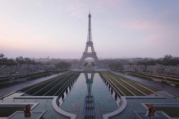 Site tour Eiffel – La fontaine de Varsovie à l’aube. © MIR for GP+B