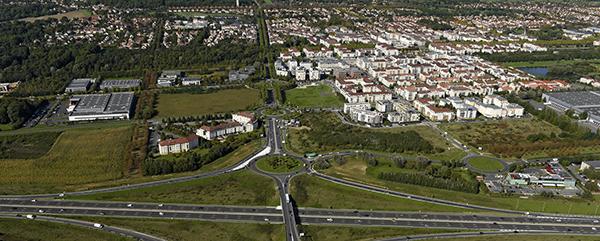 Vue aérienne de l'entrée de ville de Bussy-Saint-Georges. © Eric Morency